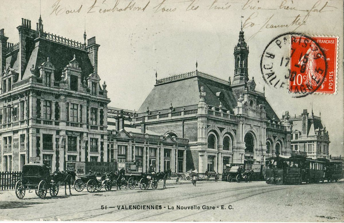Old postcard of Valenciennes new train station