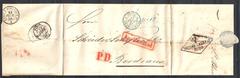 Stampless folded letter sent from St. Petersburg, Russia in 1856 with multiple transit and arrival postal marks