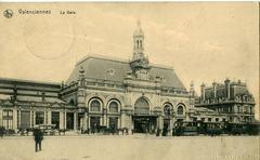 Old postcard of Valenciennes train station featuring a steam-powered tram