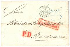 Front of a 1858 stampless folded letter from St. Petersburg, Russia to Bordeaux, France showing postal markings and cancellations