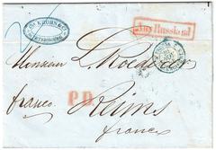Front of stampless folded letter from St. Petersburg Russia to Reims France with postal markings from 1856