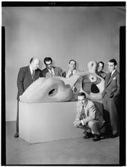 Portrait of jazz arrangers Edwin A. Finckel, George Handy, Johnny Richards, Eddie Sauter, Ralph Burns, and Neal Hefti at the Museum of Modern Art, New York, March 1947