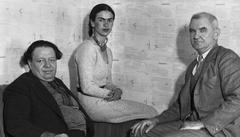 Diego Rivera, Frida Kahlo, and Anson Goodyear posing together in a black and white photograph