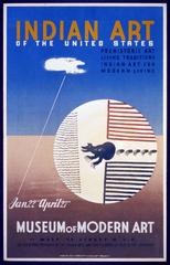 Vintage poster for Native American art exhibition at Museum of Modern Art NYC featuring colorful Native American artwork