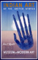 Native American art exhibition poster with large hand graphic