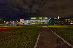Helsinki Music Centre illuminated at night