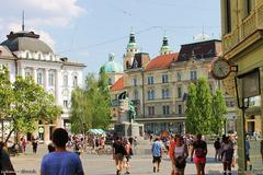 Ljubljana cityscape with historic buildings and river in Slovenia