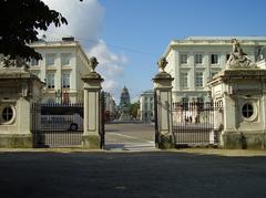 Entrance of Brussels Park in summer with a view towards Place Royale and the Palace of Justice