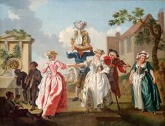 Mayday celebration with milkmaids gathering flowers and dancing in an 18th-century pastoral scene