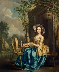 Girl at a spinning wheel painting by Francis Hayman