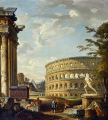 Painting of an ancient Roman landscape featuring the Colosseum and surrounding ruins with a dramatic sky