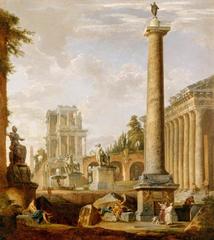 Roman landscape featuring the Column of Trajan amidst ancient ruins