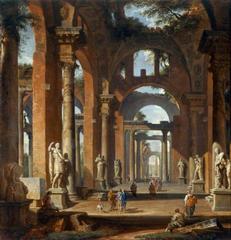 Classical marble statues in a weathered, ruined arcade with architectural ruins in the background