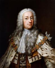 Portrait of King George II in ornate historical attire with blue sash and red background