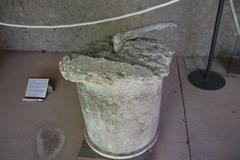 Exhibition setup in the ancient Palaestra of Pompeii with displayed artifacts and visitors