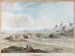 Ancient bridge outside Mola di Gaeta with Via Appia passing and Gaeta in the distance, watercolor by Carlo Labruzzi c.1789-1793
