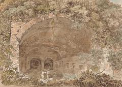 Oil painting of a tranquil scene on the ancient Appian Way featuring figures and lush greenery