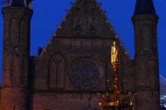 Ridderzaal building and Willem II statue on fountain at Binnenhof in Den Haag, Netherlands