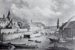 Historical lithograph of Saint-Etienne Church and Faux-Ramparts in Strasbourg, Alsace