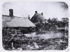 1916 flood in Amsterdam-Noord at Buikslotermeerdijk 8-14 showing waterlogged homes and streets