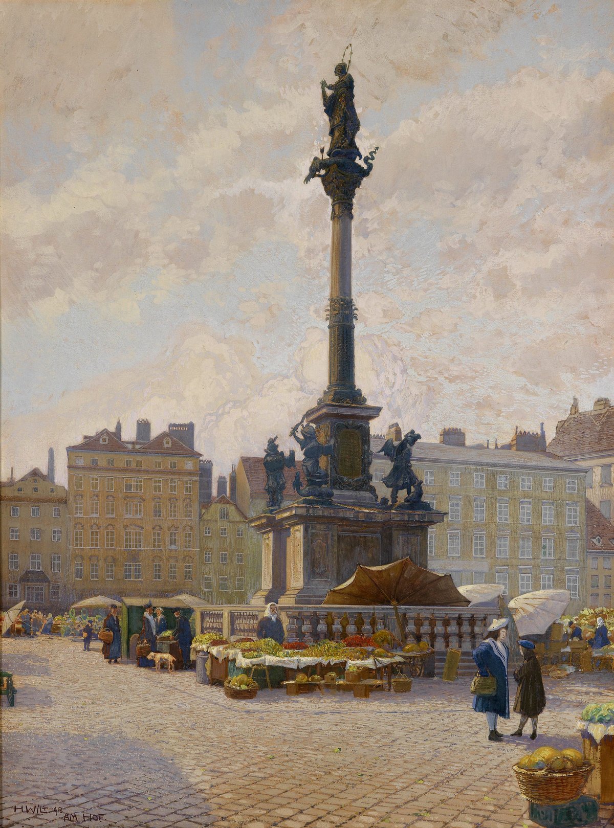 Historic flower market scene at Am Hof in Vienna, 1913, showing flower vendors and customers