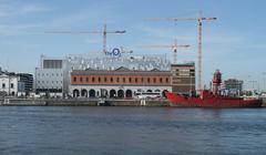 The O2 arena and the original Point Depot building on North Wall Quay along the River Liffey in Dublin