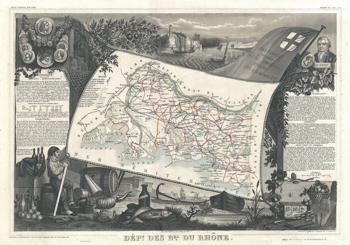 1852 vintage map of the Bes Du Rhone department in France showing coastal and northern regions near Marseille, famous for Syrah and Viognier wines