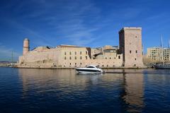 Fort Saint-Jean fortification at the entrance to Marseille's Old Port with connected bridges to Le Panier and Museum of European and Mediterranean Civilisations