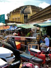 Central market and motorcycles parked outside