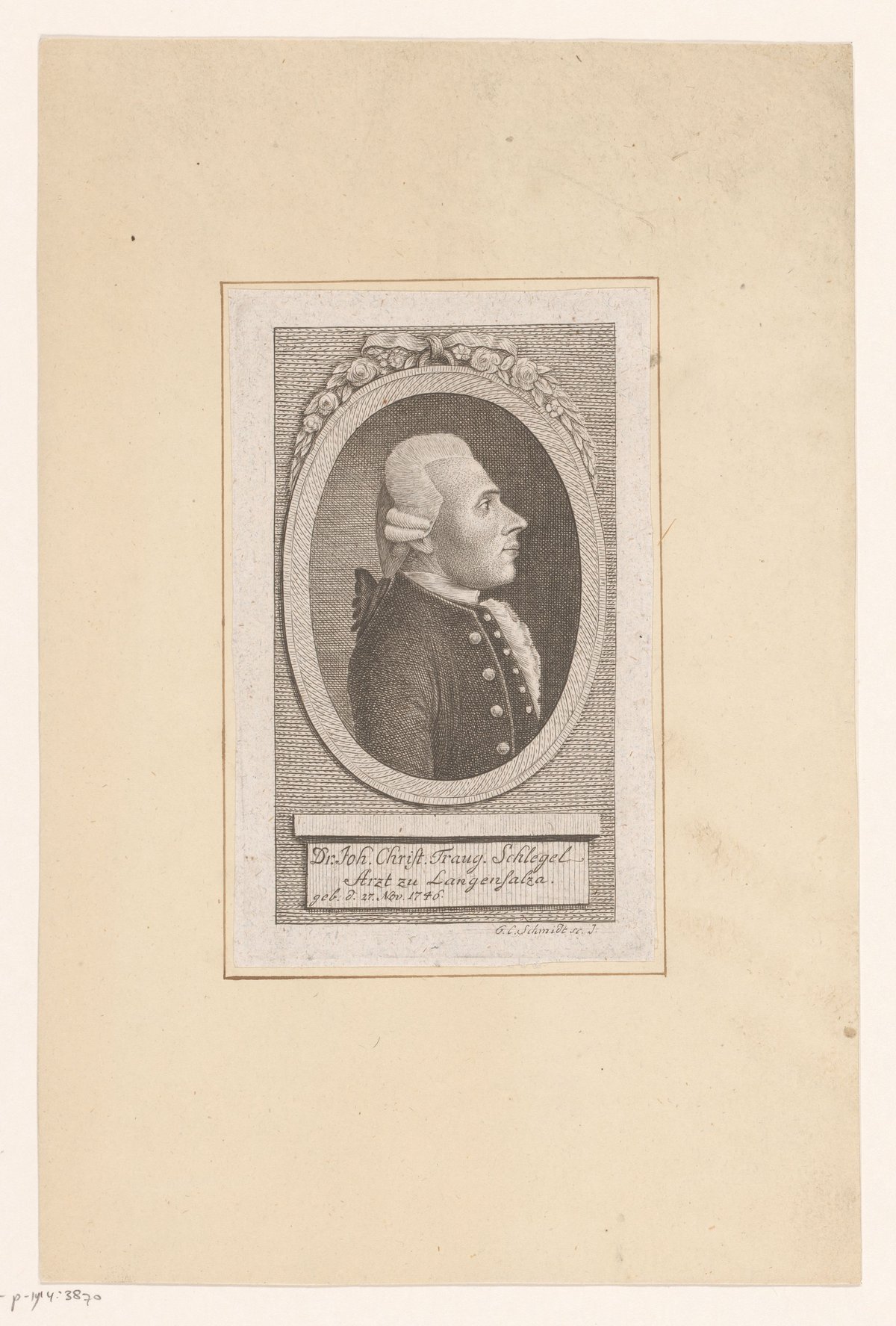 Portrait etching of Johann Christian Traugott Schlegel by Georg Christoph Schmidt