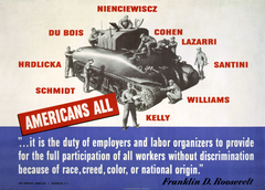 Diverse Americans assembling tank with anti-discrimination quotation by Franklin D. Roosevelt