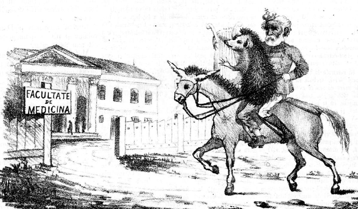 Cartoon of poets Sarsailă and Dumb-Hedgehog riding a single Pegasus to visit medical celebrities, satirizing poet-politicians Cezar Bolliac and Constantin D. Aricescu