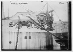 Ornate wooden figurehead of the U.S.S. Olympia displayed at Boston Navy Yard