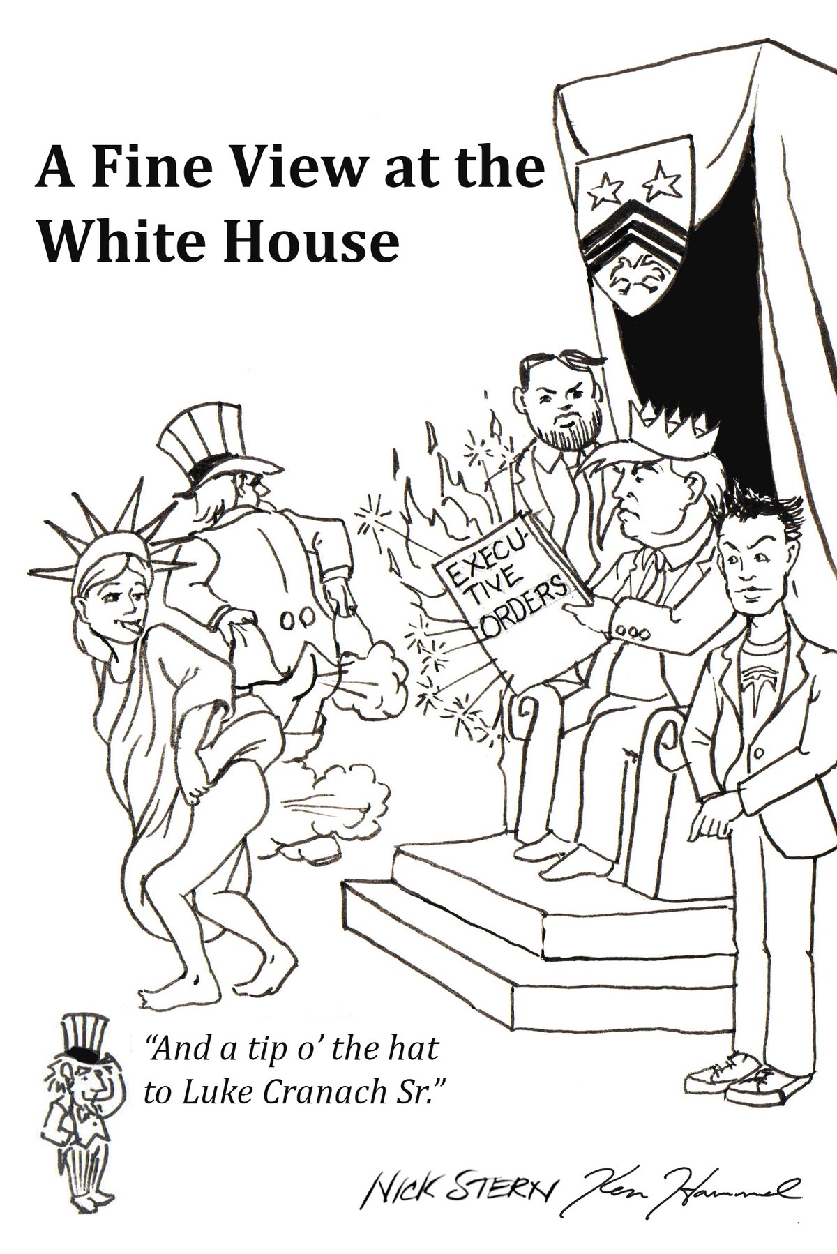 Satirical illustration depicting American symbols of liberty mocking Trump administration officials