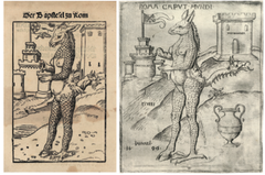 Illustration of Tiber River monster from Augsburg Book of Miracles 1550s depicting two mythical creatures