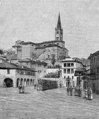 Woodcut view of Caraglio town with detailed buildings and landscape