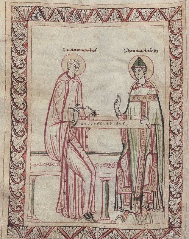 Guido of Arezzo with a monochord and bishop Tedald of Canossa in an illuminated manuscript