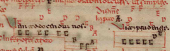 Musical notation example from Guido of Arezzo's treatise Micrologus demonstrating polyphonic singing in organum style