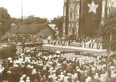 Crowd gathering at Hanoi Cathedral in 1945 Catholic rally supporting independence