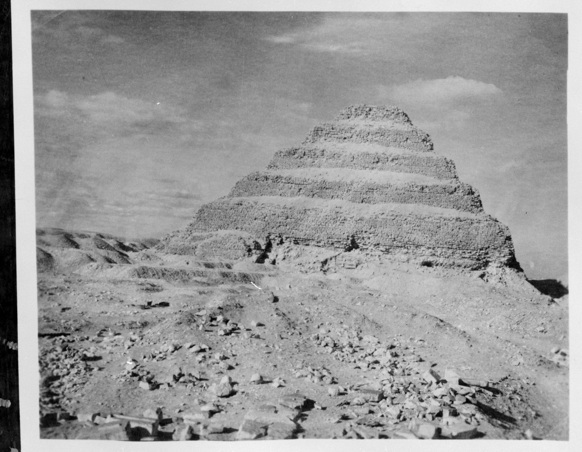 Black and white photo of the Step Pyramid of Saqqara near Cairo Egypt from 1950