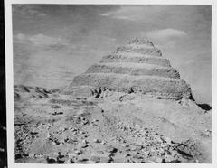 Black and white photo of the Step Pyramid of Saqqara near Cairo Egypt from 1950