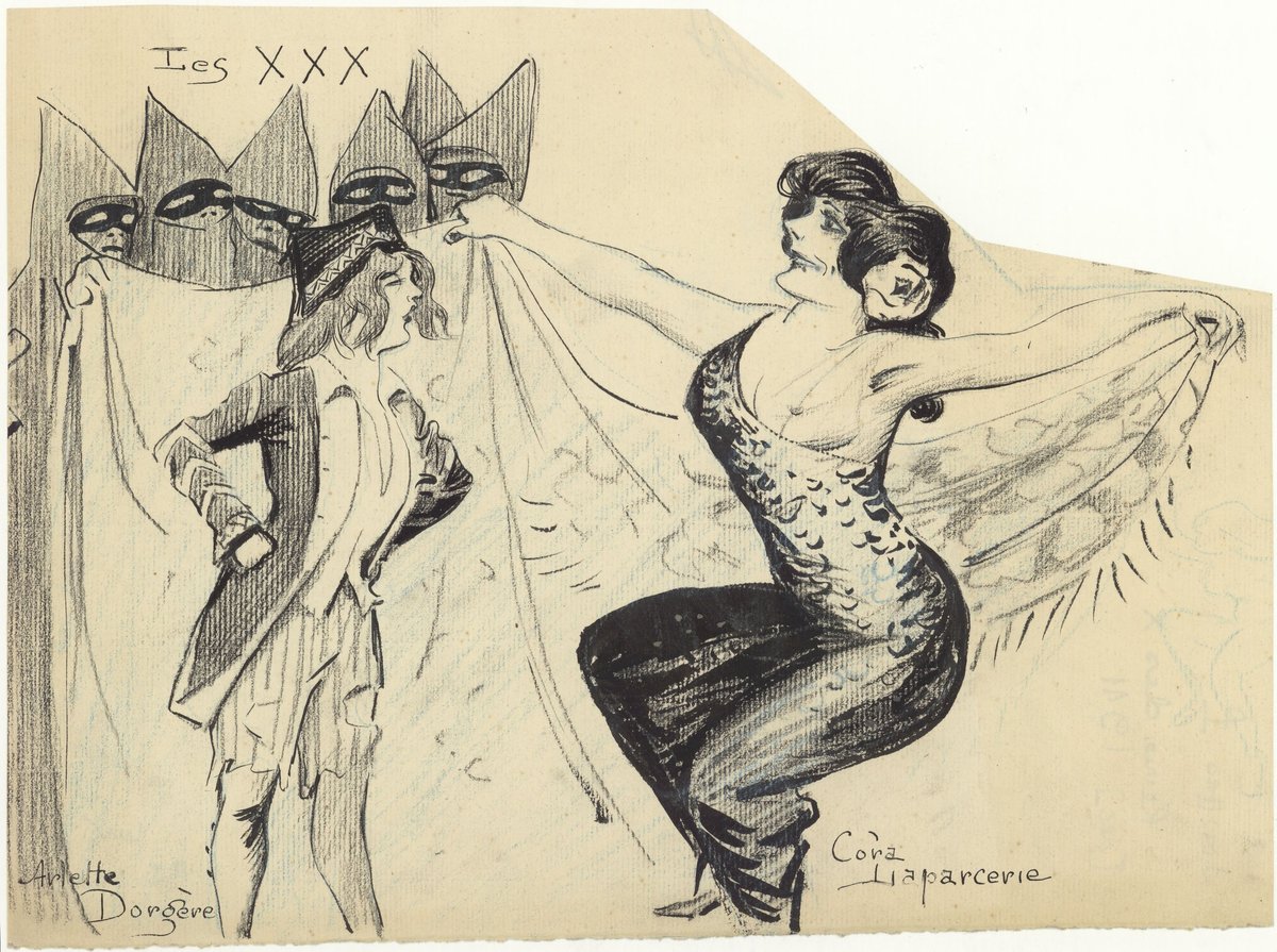 Arlette Dorgère and Cora Laparcerie performing in a music-hall scene, vintage drawing by Maurice Lourdey