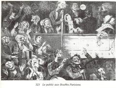 Caricature of the audience at Les Bouffes Parisiens theater in Paris with Jacques Offenbach at the center top