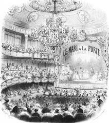 Interior view of Théâtre des Bouffes-Parisiens Salle Choiseul during 1859 performance of Le mari à la porte operetta by Jacques Offenbach