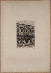 Vintage etching of Théâtre des Bouffes Parisiens on Rue Monsigny, Paris