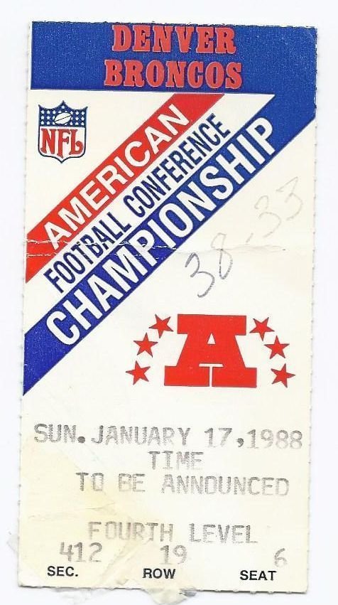 Ticket for the 1988 AFC Championship Game between Cleveland Browns and Denver Broncos at Mile High Stadium, January 8, 1988