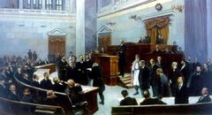 Oil painting of a session of the Greek Parliament at the end of the 19th century, featuring Charilaos Trikoupis at the podium