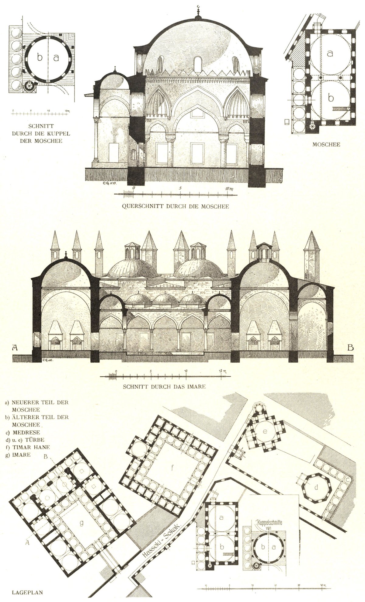 Architectural cross-sections and plans of the Haseki Sultan Complex in Istanbul, Turkey