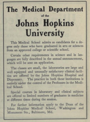 Johns Hopkins University Medical Department 1906 advertisement