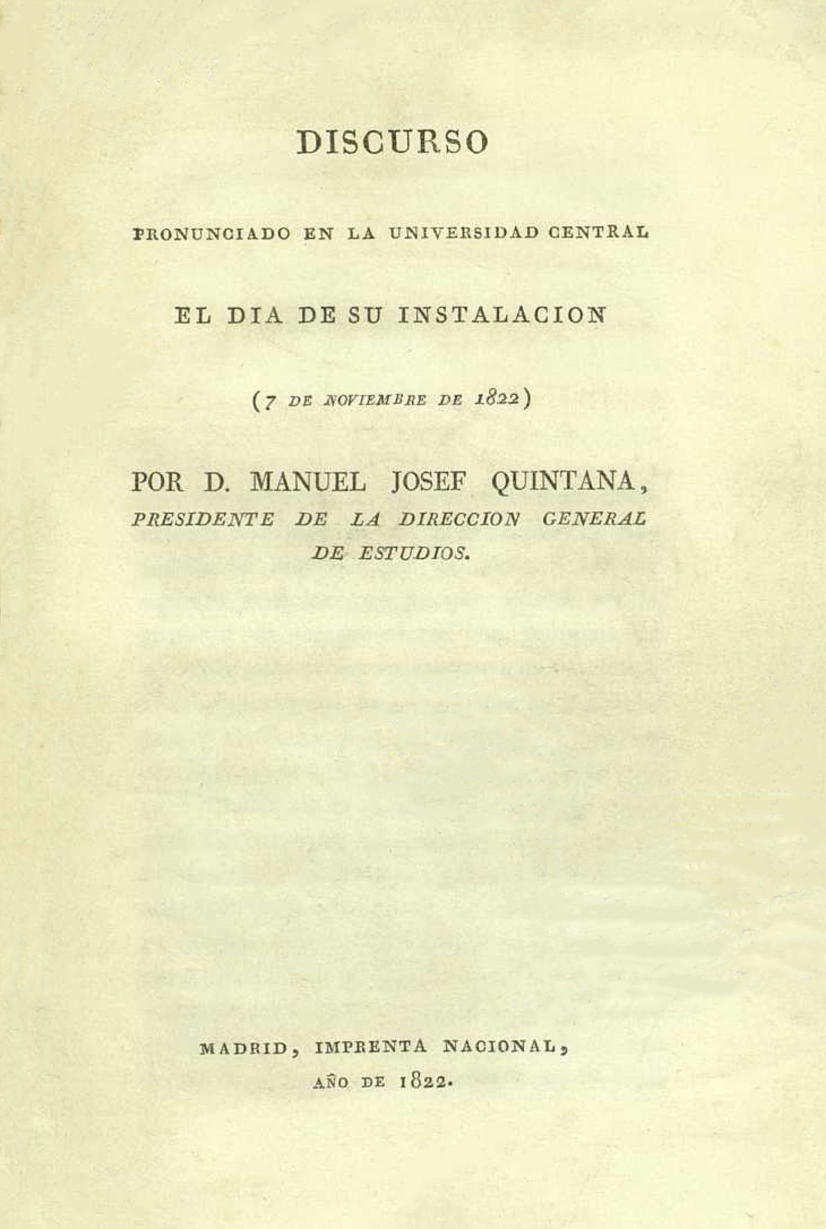 Manuel José Quintana delivering inaugural speech at Universidad Central de Madrid installation on November 7, 1822